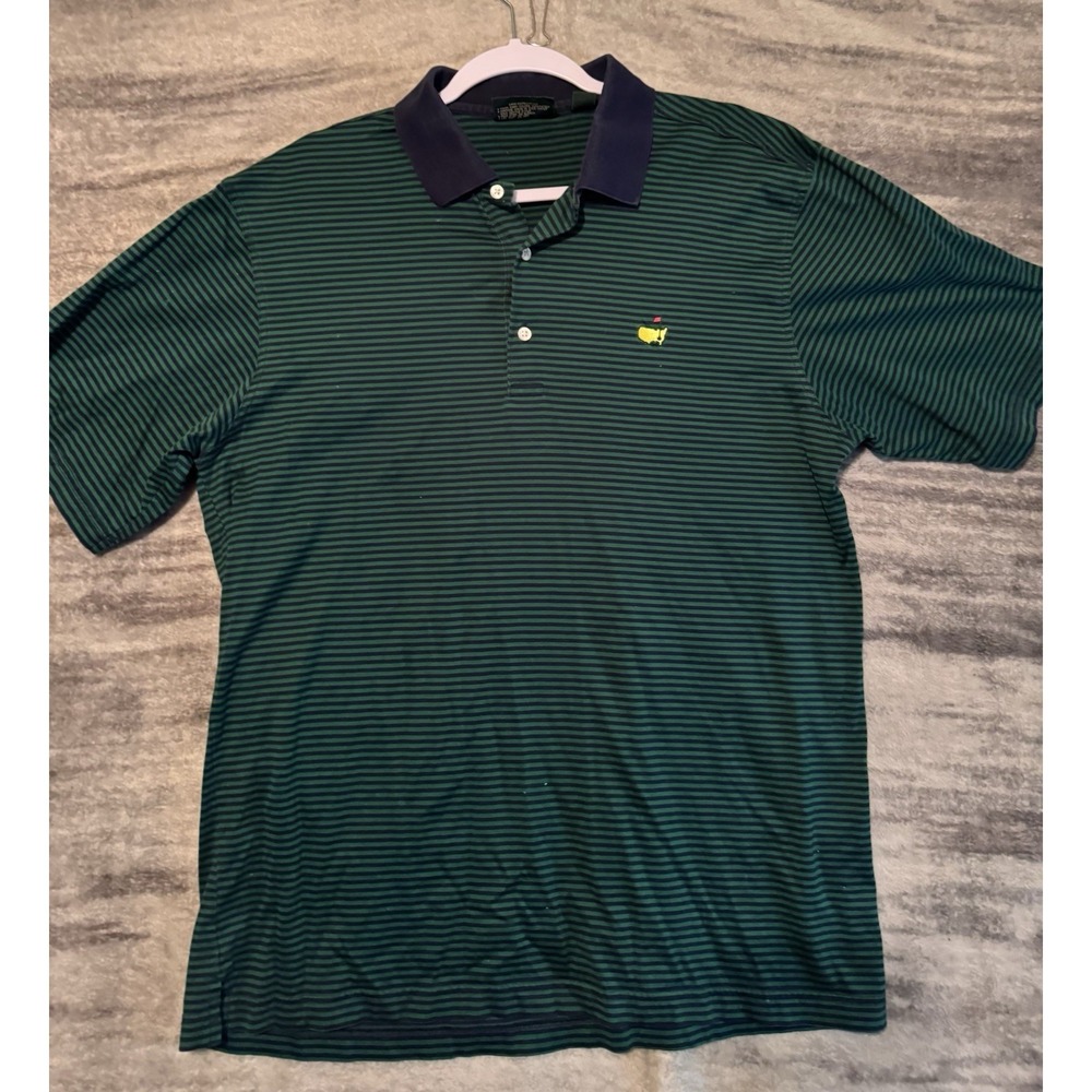 Amen Corner Masters Golf‎ Polo Shirt Mens Large Green Navy Striped Cotton